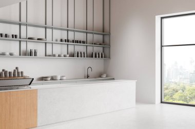 Minimalist rafları ve şehir manzarasına bakan geniş pencereli modern mutfak. Işık, nötr tonlar sakin bir tasarım yaratır. 3B Hazırlama