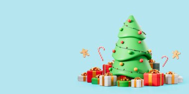 Yeni yıl ağacı süslenmiş ve hediye kutuları, zencefilli kurabiye adamlar ve boş mavi arka planda şeker kamışları. Tatil, hediye ve satış kavramı. 3B resimleme