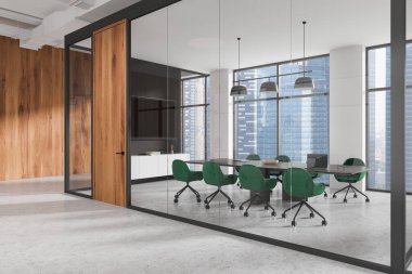 Yeşil sandalyeli, büyük masalı ve cam duvarlı modern bir konferans odası. Uzun binalar büyük pencerelerden görülebiliyor, kentsel işleri temsil ediyor. 3B Hazırlama