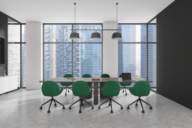 Duvarında pano, yeşil sandalyeler, çekmece ve televizyon olan açık bir konferans. Singapur gökdelenlerinde panoramik pencereli bir iş alanı. 3B görüntüleme