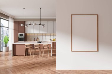 Bar adası, tabure ve ahşap döşemeli kahverengi ve beyaz ev mutfağı. Gökdelenlerde panoramik pencereli yemek dolabı. Bölümdeki tuval posterini taklit et. 3B görüntüleme