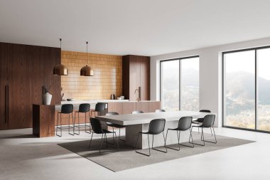 Şık, modern mutfak, ahşap dolaplar, geniş bir yemek masası, kolye ışıkları, siyah sandalyeler ve büyük pencereler. Lüks ev iç mimarisi. 3B Hazırlama.