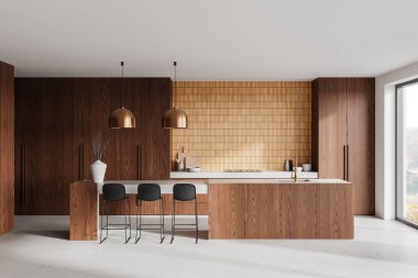 Ahşap dolaplar, büyük bir ada ve siyah bar tabureleriyle aydınlık kiremitli bir duvara ve parlak pencereye dayanan modern bir mutfak. 3B Hazırlama