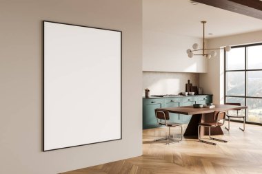 Duvarda boş çerçeveli poster modeli, modern mutfak iç mimarisi, ahşap zemin, büyük pencereler, ev dekorasyonu kavramı. 3B Hazırlama