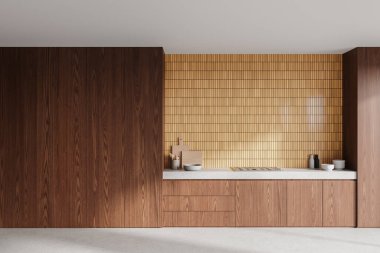 Ahşap dolabı, boş duvarı, mutfak gereçleri ve beton zeminde minimalist rafları olan bir ev mutfağı. Çağdaş dairede yemek pişirme alanı. 3B görüntüleme