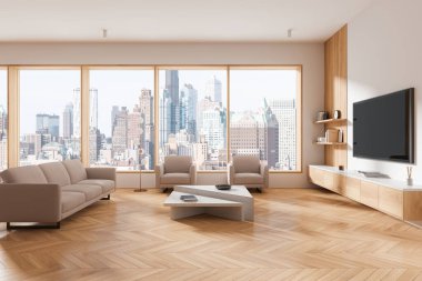 Şehir manzarasına bakan geniş pencereli, minimalist mobilyaları ve ahşap döşemeleri olan geniş modern oturma odası. 3B Hazırlama