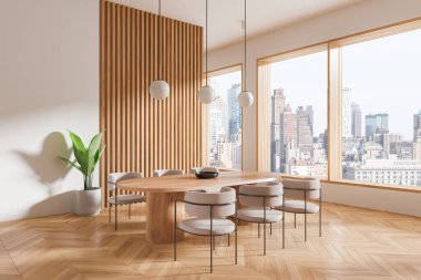 Oturma odasının köşesinde masa, sandalye ve ahşap zemin var. Ahşap yemek mi, levhalarla buluşma yeri mi? Gökdelenlerin panoramik penceresi. 3B görüntüleme