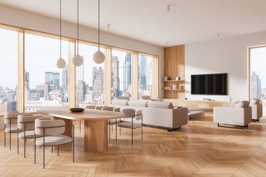 Şehir manzarasına bakan ahşap aksanlı ve geniş pencereli geniş modern oturma odası, şık mobilyalara sahip. 3B Hazırlama