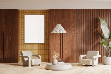 Modern bir oturma odasında, koltukları, bitkileri ve kolye ışığı olan tahta bir duvarda boş dikey bir poster. İç tasarım konsepti. 3B Hazırlama