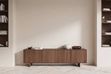 Tarafsız bir duvara karşı döşenmiş dekoratif eşyalarla dolu ahşap büfe. Çağdaş iç tasarım konsepti. 3B Hazırlama