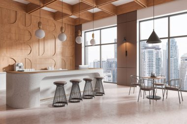 Ahşap ve bej kafenin köşesi, bar tezgahı ve taburesi, gökdelenlerin panoramik penceresi. Kahve makinesi ve bilgisayar olan şık bir yemek odası. 3B görüntüleme