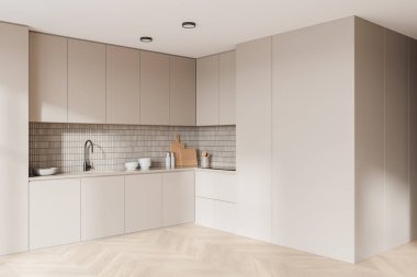 Bej ev mutfağının köşesinde rafları saklı mutfak dolabı. Mutfak gereçleri ve ahşap zemini olan modern bir dairede yemek pişirme alanı. 3B görüntüleme