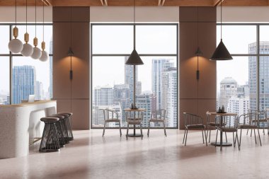 Masaları, sandalyeleri ve bar tezgahı olan modern bir kafe. Büyük pencereler bir şehir manzarası arkaplanı gösteriyor. Şehir yemeği kavramı. 3B Hazırlama