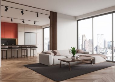Ev stüdyosunun manzarası kanepe, sehpa, duvar bölmesi. Dolap ve bar adasıyla yemek pişirme ve yeme alanı. Bangkok gökdelenlerinin panoramik penceresi. 3B görüntüleme