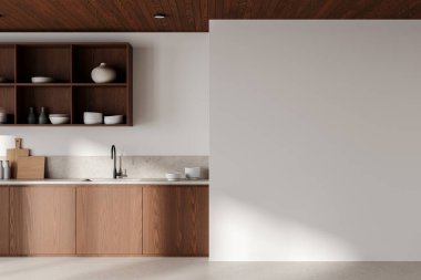 Beyaz ve ahşap mutfak içi lavabo, dekorasyon ve mutfak gereçleriyle dolu. Rafları ve tabakları olan yemek dolabı. Minimalist bir apartman dairesi. Boş duvarı taklit et. 3B görüntüleme