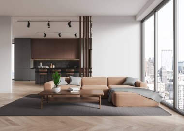 Geniş, modern oturma odası bej kanepesi, ahşap masası ve şehir manzarasını gösteren geniş pencereleri var. Kentsel iç tasarım kavramı. 3B Hazırlama