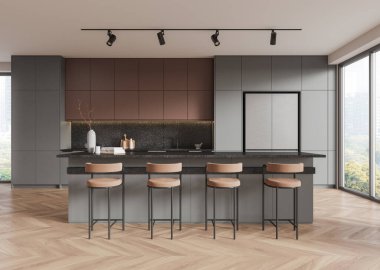 Bar tabureleri, minimalist dolapları ve ışıklandırması olan modern bir mutfak. Ahşap zemin, geniş pencereler. 3B Hazırlama