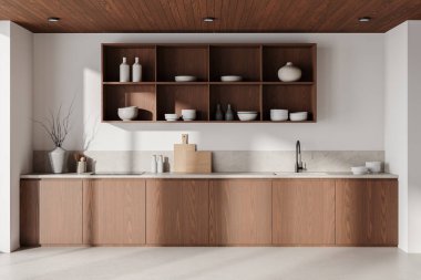 Beyaz ve ahşap mutfak içi lavabo, elektrikli soba, dekorasyon ve mutfak gereçleriyle dolu. Rafları ve tabakları olan yemek dolabı. Minimalist bir apartman dairesi. 3B görüntüleme