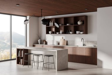 Ahşap dolaplı ve adalı çağdaş mutfak, minimalist tasarım, geniş pencere manzaralı. Modern ev dekorasyonu kavramı. 3B Hazırlama