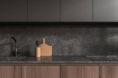 Karanlık ve ahşap mutfak içi lavabo, elektrikli ocak, boş kuvars tezgahı. Lüks apartmandaki şık yemek pişirme alanına yakın çekim. 3B görüntüleme