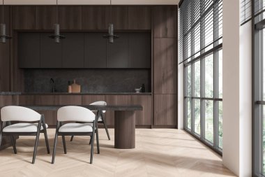 Koyu ahşap ev yapımı mutfak masası, sandalyeler, ahşap zeminde yemek dolabı. Tropik bölgelerde panoramik pencereli minimalist beslenme alanı. 3B görüntüleme