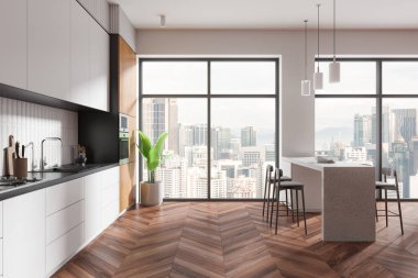 Gösterişli dolaplar, ahşap döşemeler, sandalyeli bir mutfak adası ve şehir manzarasına bakan büyük pencereleri olan modern bir mutfak. 3B Hazırlama