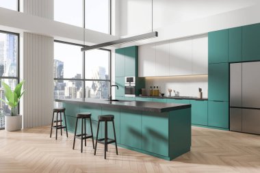 Turkuaz dolaplı, adalı, büyük pencereli ve şehir manzaralı modern mutfak. Çağdaş tasarım. 3B Hazırlama