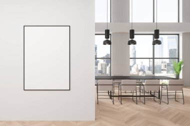 Boş çerçeveli poster modeli modern bir yemek odasının beyaz duvarında, büyük pencereli, şehir manzaralı. 3B Hazırlama