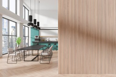 Ev mutfağı, yemek masası, sandalyeler, dolap ve mutfak malzemeleri. Beyaz ve yeşil yemek pişirme alanı tasarımı. Gökdelenlerin panoramik penceresi. Boş duvarı kopyala. 3B görüntüleme