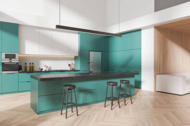 Ev mutfağı manzaralı, sandalyeli, yeşil dolaplı ve ahşap zeminde bar adalı. Ahşap zeminde kanepesi olan soğuk bir yer. 3B görüntüleme