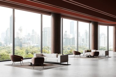 İş manzarası, yumuşak bir yer, yan koltuklar, halı üzerinde kanepe. Modern lobide bekleme ya da dinlenme yeri. Bangkok gökdelenlerinin panoramik penceresi. 3B görüntüleme