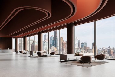 Zarif mobilyalar ve minimalist tasarım içeren panoramik şehir manzaralı geniş modern ofis. Kentsel gelişmişlik. 3B Hazırlama