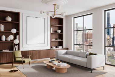 Oturma odası manzarası kanepe, koltuk, raflar, kitaplar ve dekorasyon. Gökdelenlerin panoramik penceresi. Tuvalin posterini hazırla. 3B görüntüleme