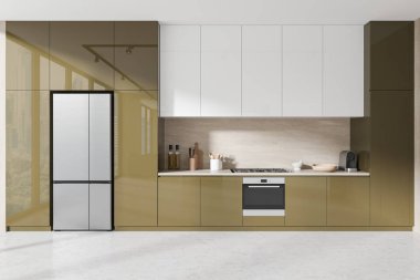 Gizli tasarımı olan yeşil beyaz ev mutfağı. Gaz ocağı ve mutfak gereçleri. Beton zeminde buzdolabı olan renkli yemek alanı. 3B görüntüleme