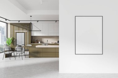 Modern mutfak içinde beyaz bir duvara çerçeveli boş bir poster ve temiz dolaplar ve mobilyalar. Ev dekorasyonu konsepti. 3B Hazırlama
