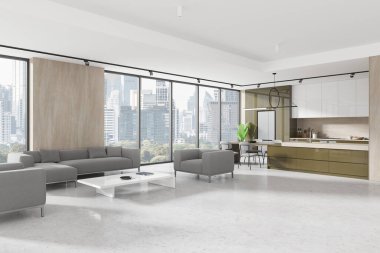 Beton zeminde kanepesi olan düz bir stüdyo manzarası. Bar adasıyla yemek ve yemek odası mutfak gereçleri ile dolap. Bangkok gökdelenlerinin panoramik penceresi. 3B görüntüleme