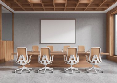 Ahşap duvarları, rahat sandalyeleri ve gri arkaplanı olan modern bir konferans odasında boş bir poster modeli sergileniyor. Sunum kavramı. 3B Hazırlama.