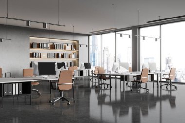 Geniş bir modern ofis tasarımı, açık alan düzeni, masalar, sandalyeler ve bilgisayarlar, şehir planında. 3B Hazırlama