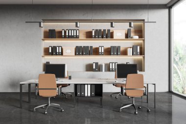 Modern ofis içi iki masa, bilgisayar, sandalye, dosyalar ve geniş pencereli raflar. Minimalist tasarım. 3B Hazırlama