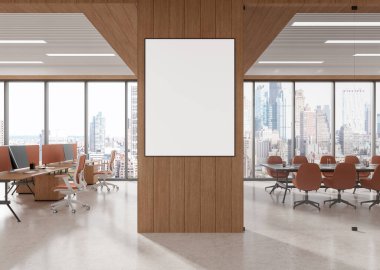 Ahşap iç mekan, masa ve bilgisayar dolu, beton zemin. New York gökdelenlerinde panoramik pencereli cam toplantı odası. Uzay tuvali posterini kopyala. 3B görüntüleme