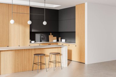 Ahşap mutfak manzarası, bar adası ve taburesi, lavabo ve mutfak gereçleri olan raflar. Modern dairede minimalist yemek alanı. 3B görüntüleme
