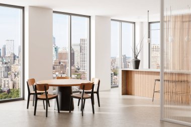 Ev mutfağı manzarası yuvarlak masa, sandalyeler, beton zemin. Beyaz yemek ya da bar adasıyla buluşma yeri. New York gökdelenlerinin panoramik penceresi. 3B görüntüleme