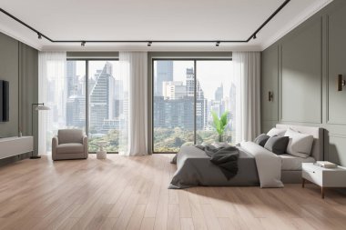 Zarif bir yatak odası, büyük pencereler, ahşap döşemeler ve şehrin ufuk çizgisi manzarası. Çağdaş tasarım. 3B Hazırlama