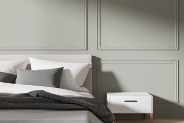 Modern minimalist yatak odası. Gri ve beyaz renkli. Zarif yatak ve komodin panelli bir duvara karşı. 3B Hazırlama