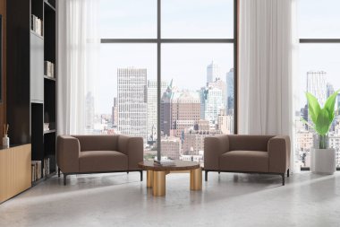 Işıl ışıl oturma odası, iki koltuk, açık beton kahve masası. New York gökdelenlerinde panoramik pencereli dinlenme ya da bekleme alanı. 3B görüntüleme