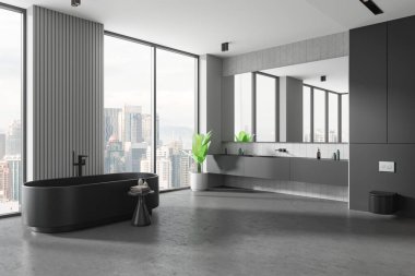 Arka ve beyaz otel banyosu manzaralı banyo küveti, lavabo ve duvar beton zemine asılmış tuvalet ve bitki. Kuala Lumpur gökdelenlerinin panoramik penceresi. 3B görüntüleme