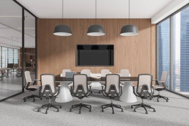 Modern sandalyeleri ve masası olan geniş bir konferans odası, ahşap duvar, şehir manzarasını gösteren geniş pencereler, kurumsal toplantı alanı. 3B Hazırlama