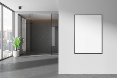 Şık ev banyosu, cam duş, gri beton zemin. Kuala Lumpur gökdelenlerinin panoramik penceresi. Bölümdeki tuval posterini taklit et. 3B görüntüleme