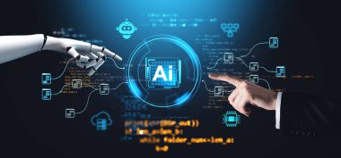 Robot ve insan eli dijital teknolojinin arka planında yapay zeka hologramına uzanıyor, gelecekteki gelişmeyi ve yeniliği simgeliyor