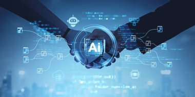 Yapay zeka hologram simgeleriyle titreyen iki el, dijital stil, mavi teknoloji arka plan. Gelecekteki işbirliği kavramı